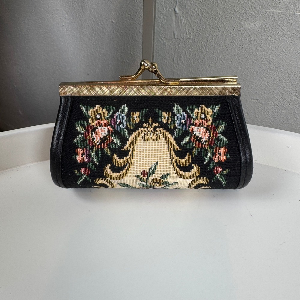 Vintage Tapestry Coin Purse Black Floral Kiss Lock Whimsigoth Coquette Cottage